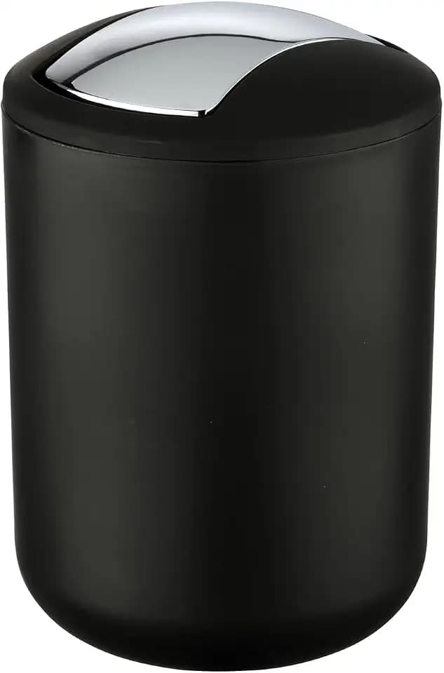 WENKO Kosmetikeimer Brasil S, 2 Liter Fassungsvermögen, Badezimmer-Mülleimer mit Schwingdeckel, Kleiner Abfalleimer aus bruchsicherem Kunststoff, BPA-frei, Ø 14 x 21 cm, Schwarz