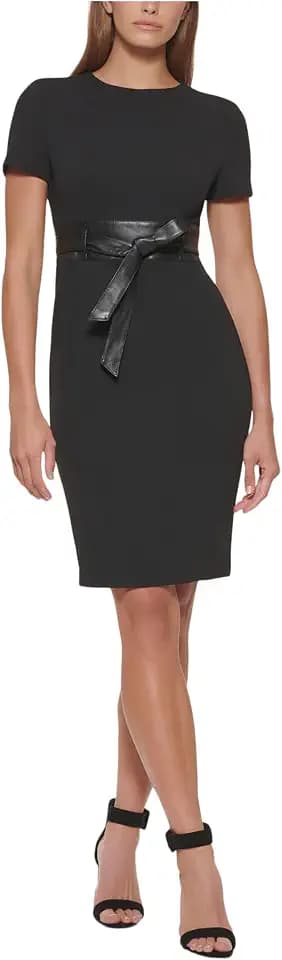 Calvin Klein Scuba Crepe Short Sheath Dress with Faux Leather Belt