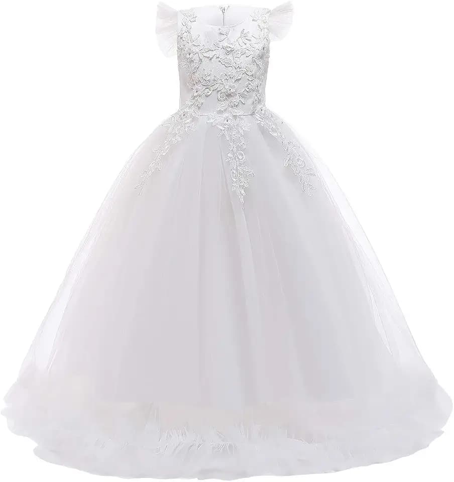 Girls Embroidery Flower Lace Long A Line Pageant Dress Floor Length Princess Prom Tulle Maxi Gown for Wedding Party Birthday