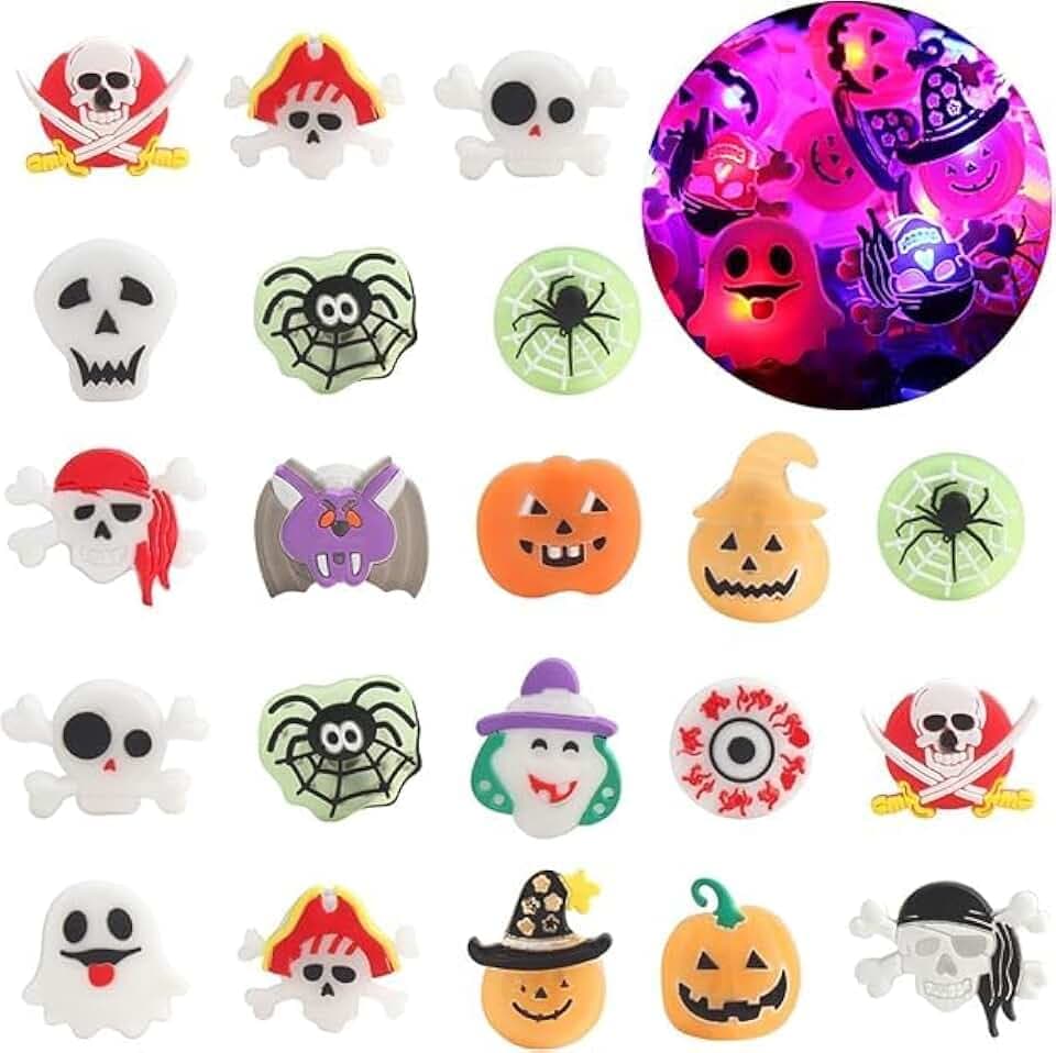 LOMIMOS 50 Stück leuchtende Ringe für Halloween-Dekoration, leuchtende Ringe für Halloween-Party, lustiges Spielzeug, Ring, Kürbis, Geist, Fledermaus, Skelett