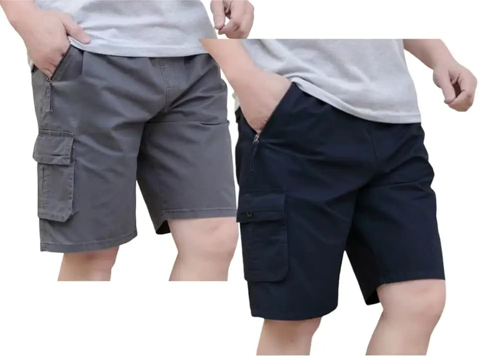 Men's Casual Twill Cargo Shorts Zip Fly Cotton Elastic Waist Loose Fit Drawstring Short