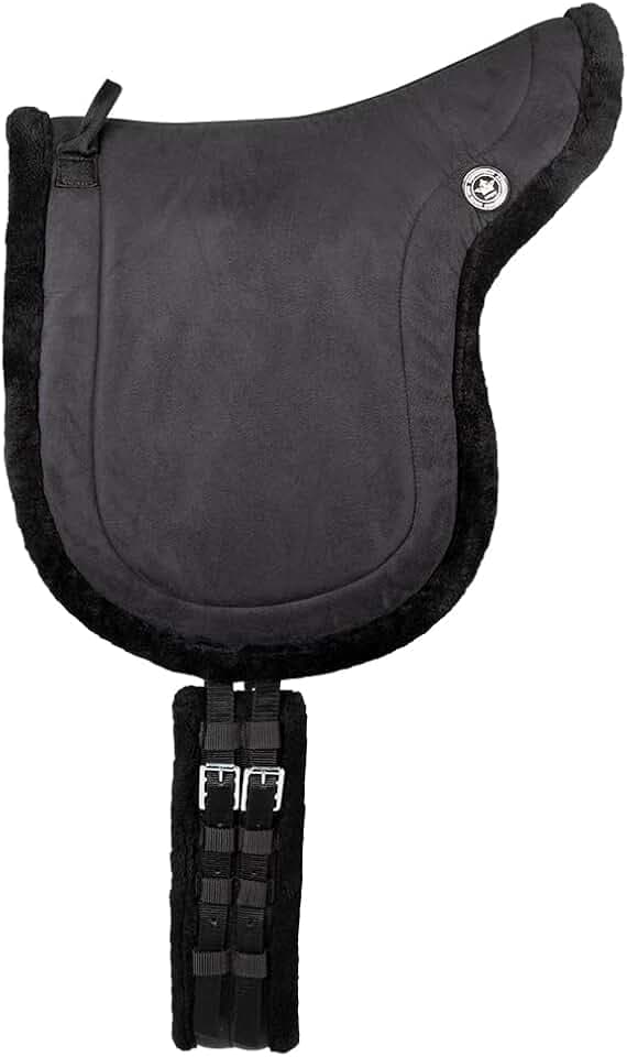 PFIFF 103004 Reitpad, Bareback Pad, baumloses Reitkissen aus Velour-Kunstleder und Kunstfell, Sattelkissen inkl. Sattelgurt, Schwarz, Pony