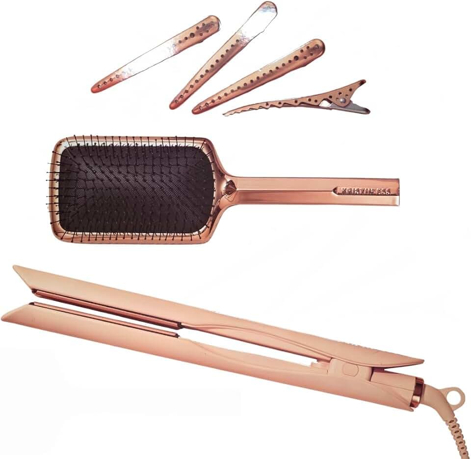 Kristin Ess Hair Styling Gift Set 3-in-1 Ceramic Flat Iron Bundle - 1.25inch Dual Voltage Ceramic Hair Straightener + Detangling Brush + Sectioning Clips - 4 Heat Settings 440 Degrees + Auto Shut Off