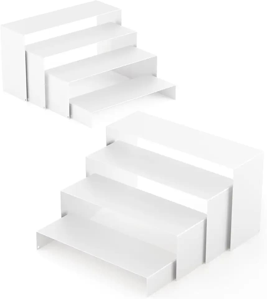 White Matte Metal Display Stand,8 Pcs 2 Set Display Risers, Metal Rectangular Display Shelf Holders for Showcase, Dessert, Perfume, Vendor Events, Cupcake Stands, Toys Display Shelves ( 8Pcs-White, 7”L~8”L~9”L )