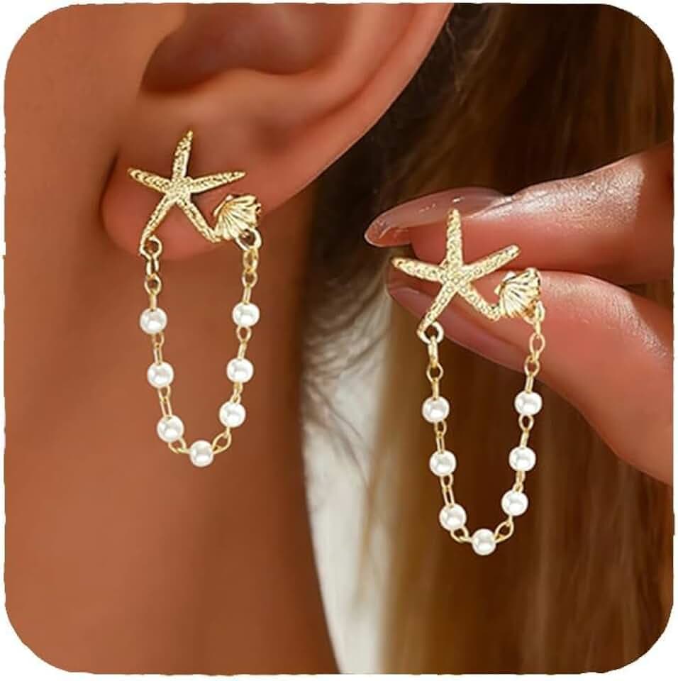 Starfish Earrings for Women Pearl Drop Seashell Earrings, Tropical Beach Ocean Dangle, Summer Vacation Beach Jewelry Gifts