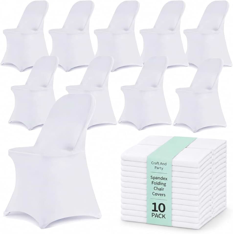 10 Pack White Spandex Folding Chair Covers, Stretch Polyester Slipcovers for Wedding, Party & Dining Chairs – Flat Front Design, Universal Fit