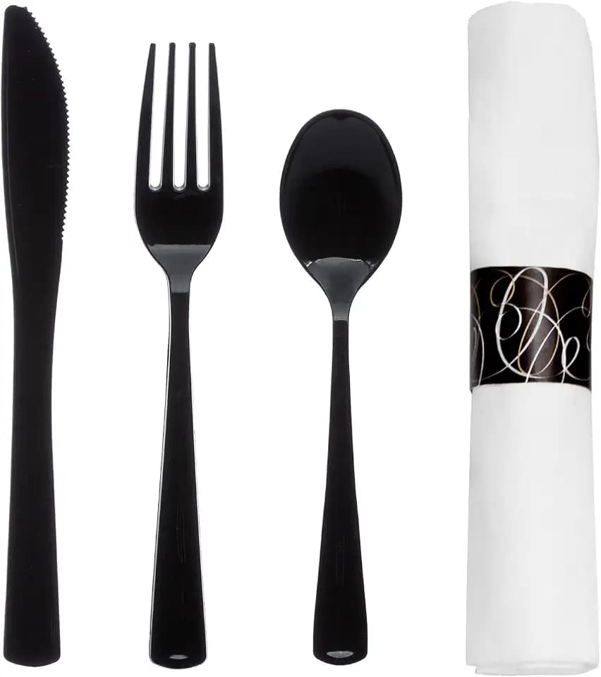 Party Essentials Pre-Rolled Disposable Heavy Duty Plastic Cutlery Kit w/ Black Fork/Knife/Spoon & White Napkin (Case of 100)