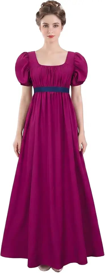 Women Regency Dress Square Neck Puff Sleeve Empire Waist Sash