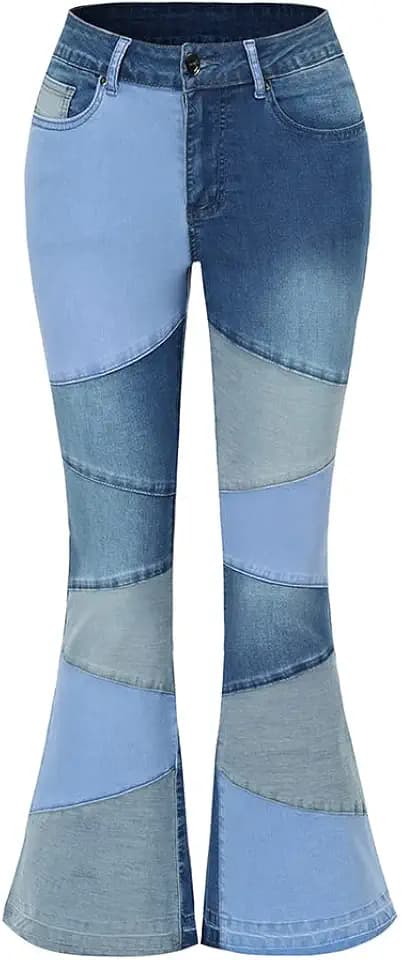THUNDER STAR Women Patchwork Flare Jeans Stretch High Waisted Bell Bottom Raw Hem Denim Pants