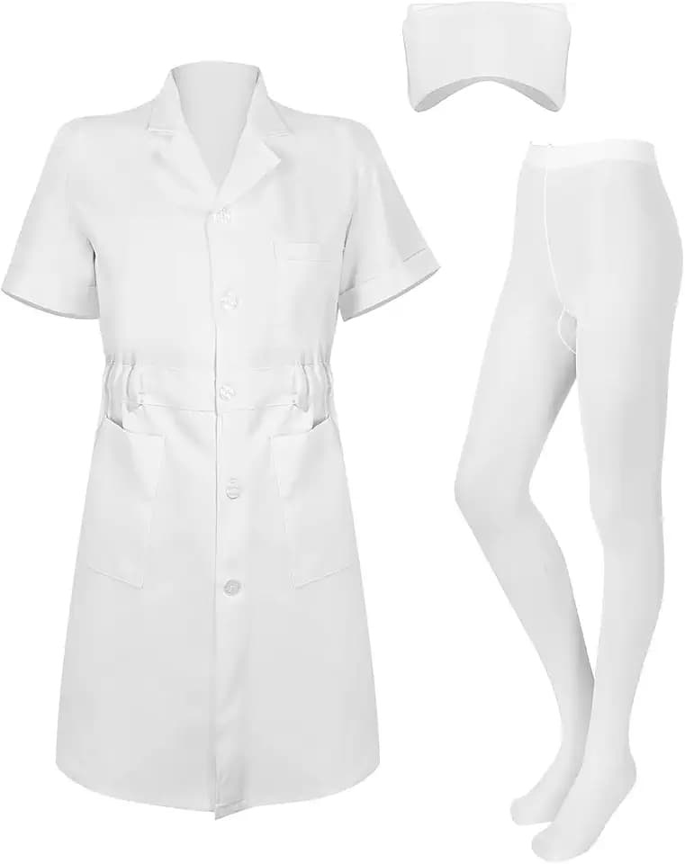 PROMOTED TO BIG SISTER Women Nurse Costume White Short Sleeve White Lab Coat Halloween Nurse Dress Outfit