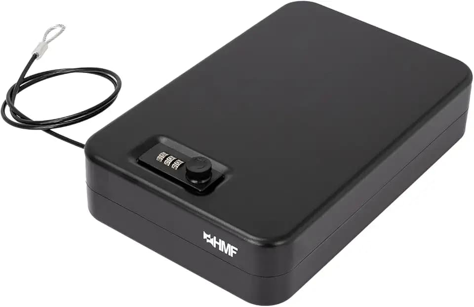 HMF 316-02 Sicherheitsbox mit Zahlenschloss, tragbarer Safe, Sicherungskabel | 29 x 19 x 6,5 cm | Schwarz