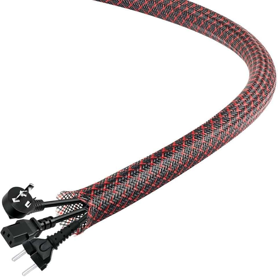 25Ft-1/4inch PET Expandable Braided Wire Sleeving,Wire Loom Cable Sleeve for TV,Computer,Home Theater,Automotive,Home Industrial,Electrical Wires,Chemical,Protect Cat from Chewing Cords,BlackRed
