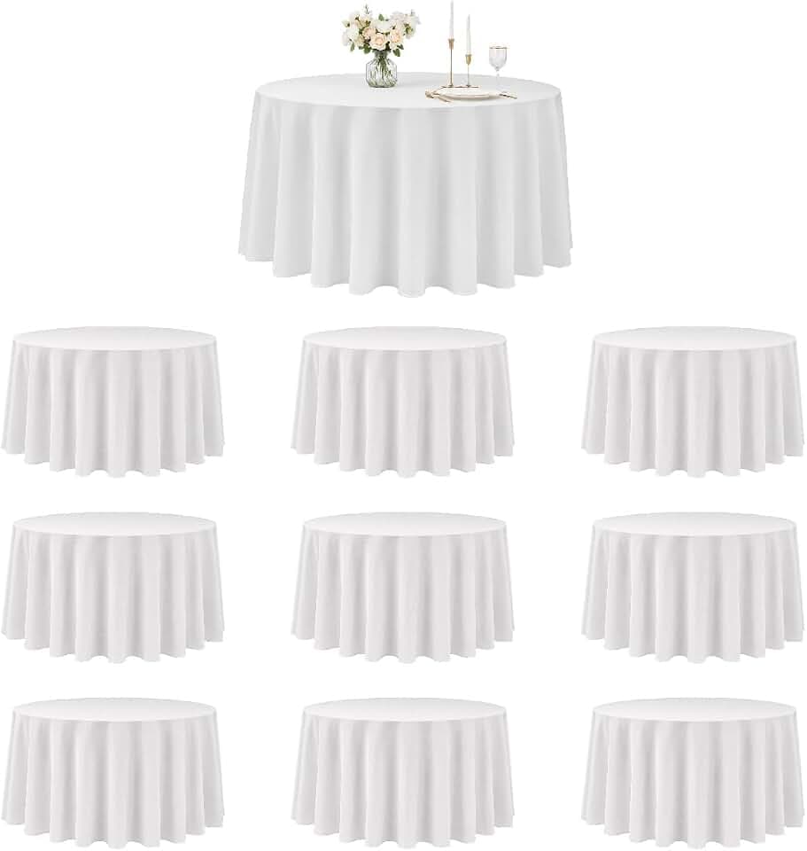 10 Pack White Round Tablecloth 120 Inch, Polyester Table Cover for 48-72 Inch Round Tables, Washable Table Linen for Wedding, Party, Buffet, Catering & Dining