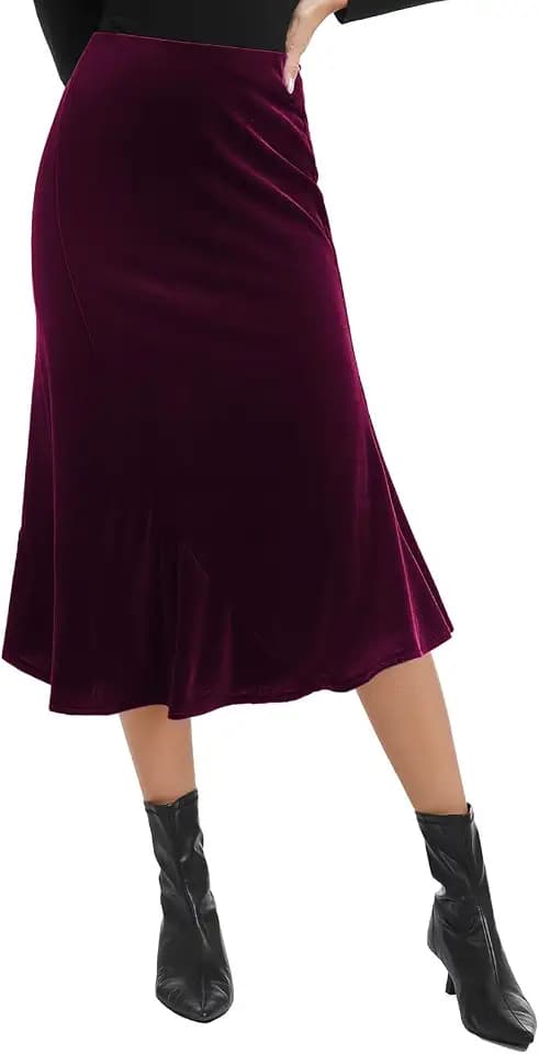 Women's Elegant Velvet Midi Skirt High Waist Asymmetric Flared Mermaid Hem