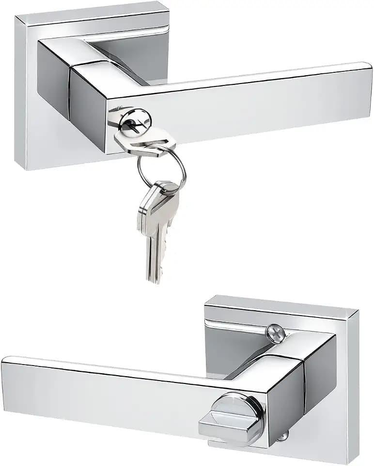 KNOBWELL 1 Pack Polished Chrome Door Handle with Lock and Key Front Door Square Keyed Entry Doorknob