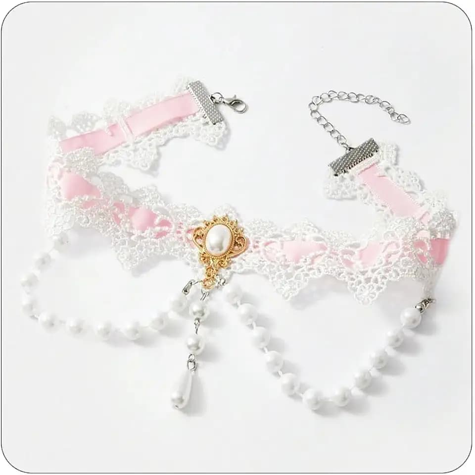 Bethynas Gothic White Lace Crystal Choker Necklace Vintage Gemstone Pendant Collar Neck Chain Bridal Weeding Party Pearl Neck Accessory Lolita Cosplay Costume Jewelry for Women