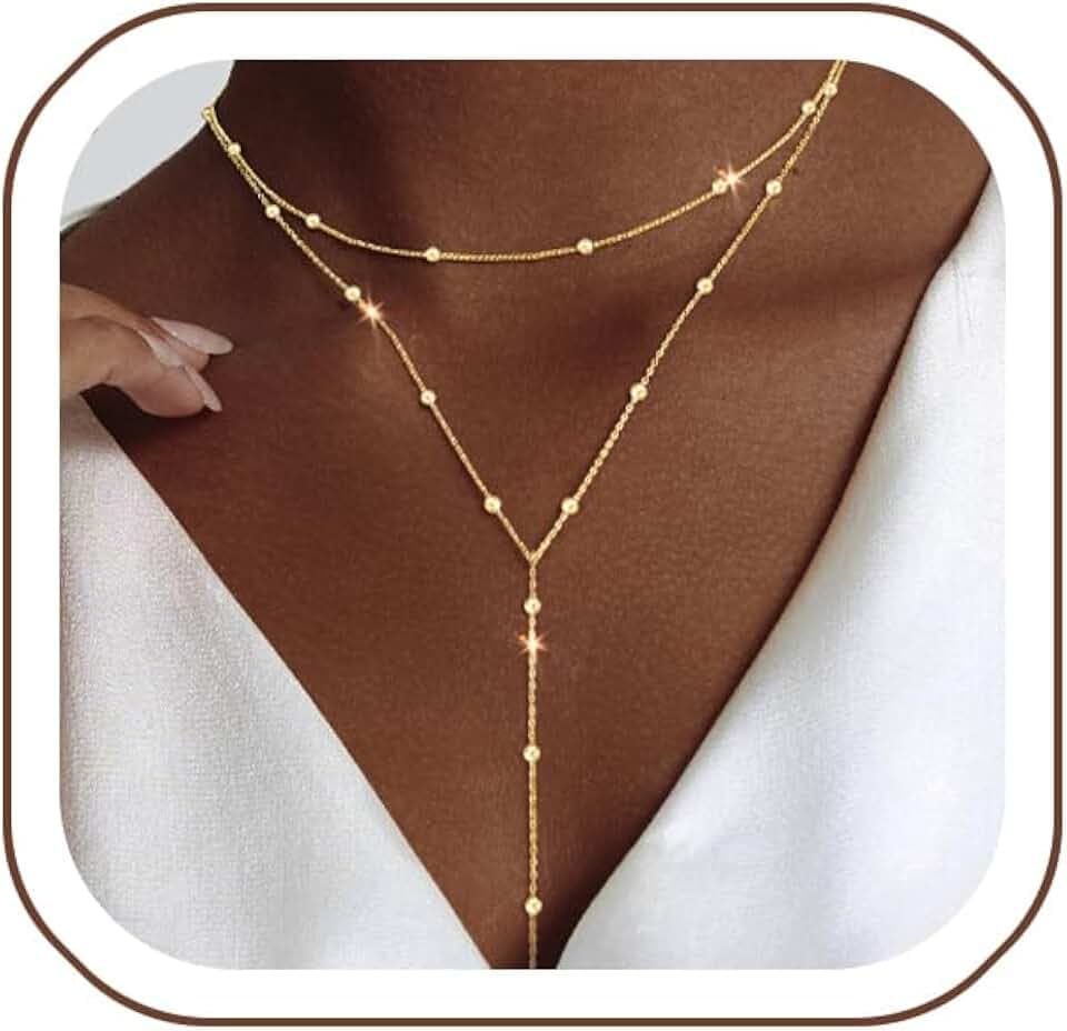Luxval Lariat Gold Necklace for Women, Dainty Long Necklace 14k Gold Plated/Silver Y-Shaped Pendant Necklaces Trendy Beaded Chain Drop Necklaces Jewelry for Women Gifts