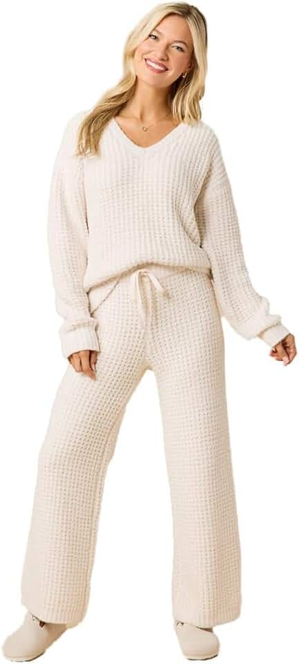 Softies Waffle Marshmallow V-Neck Lounge Set for Women – Ultra Soft Cozy 2-Piece Pajama Set with Long Sleeve Top and Pants