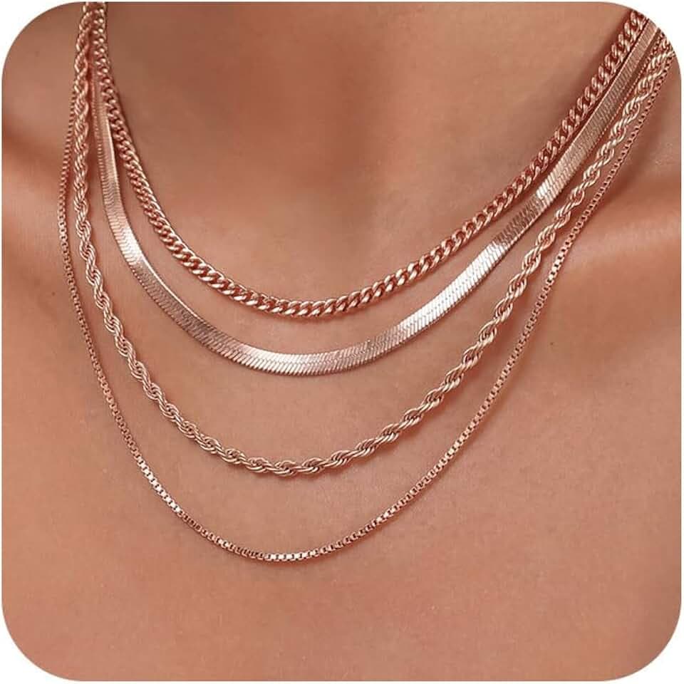 Tewiky Layered Necklaces for Women Non Tarnish- Chunky 14k Gold Plated Herringbone/Snake/Rope/Box/Cuban Link Chain for Women Waterproof Layering Stack Choker Necklace Trendy Dainty Tarnish Free Jewelry Set
