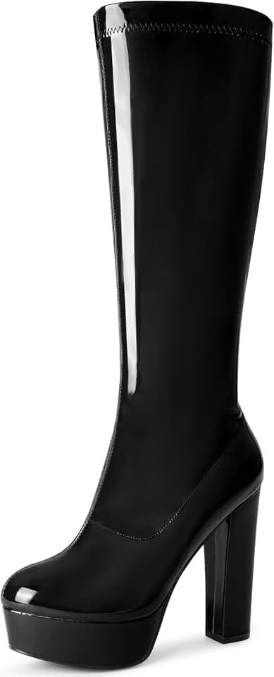 Allegra K Women Patent Leather Platform Chunky Heel Gogo Boots