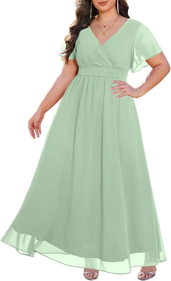 Women Plus Size Formal Dress Flutter Sleeve Maxi Wedding Guest Gown