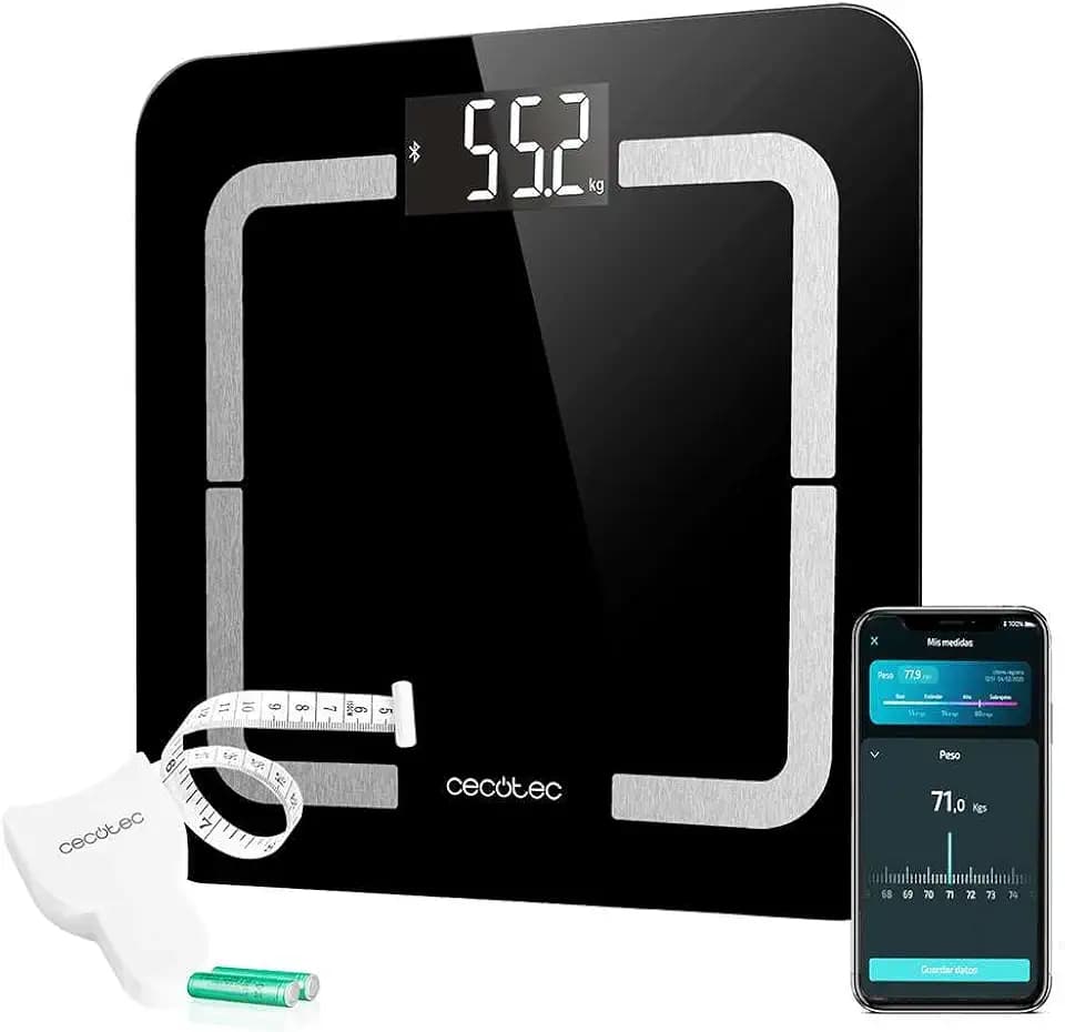 Cecotec Digitale Badezimmerwaage mit APP Surface Precision Smart Healthy. Gehärtetes Glas, Bluetooth, Bioimpedanzmessung mit 10 Parametern, LCD-Display, maximales Gewicht 180 kg, 310x310 mm.