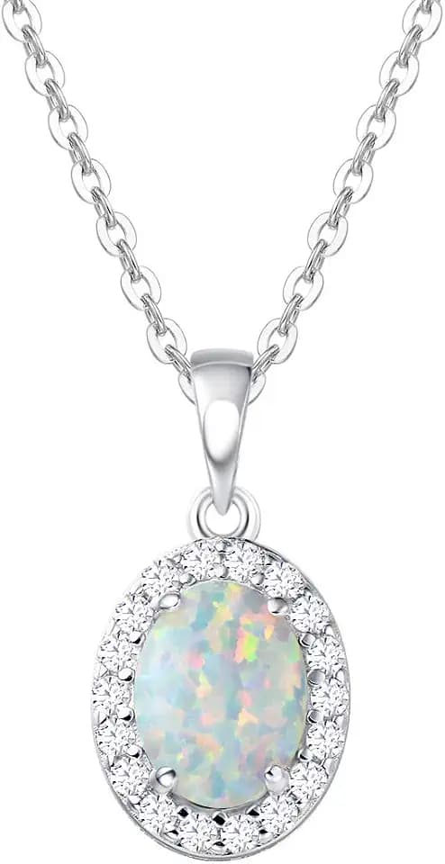 FANCIME Sterling Silver Oval Opal Ruby Necklace & White Opal Stud Earrings - October Birthstone Fine Jewelry for Women