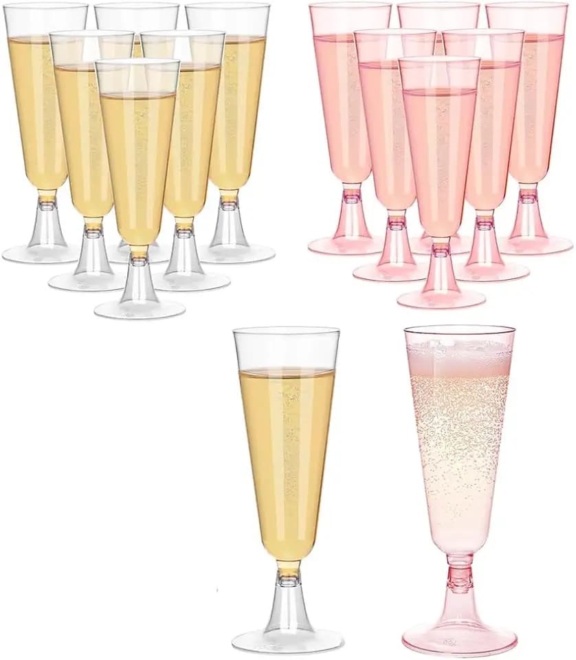 Champagne Flutes Plastic,100 Pack Wine Glasses,Disposable Champagne Glasses,5 Oz Clear and Pink Shot Cups,Christmas Party Wedding Birthday Drinking Beer Water Dessert Cocktail Cups Bulk