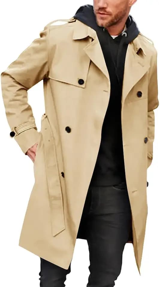 Runcati Herren Mantel Zweireiher Trenchcoat Langes Revers Business Jacke mit Gürtel