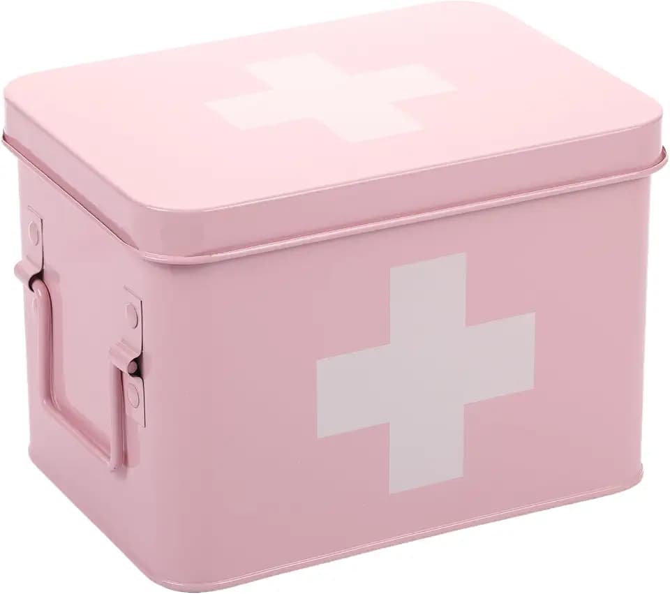 Lassos Boutique Retro Enameled First Aid Box for Medicine Storage and Home Decor with Lid and Removable Tray (Pink/White)