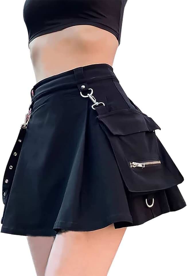 DINGJIUYAN Punk Cross Print Dark Mini Röcke Kette Gürtel Schwarz Uniform Faltenrock Gr.