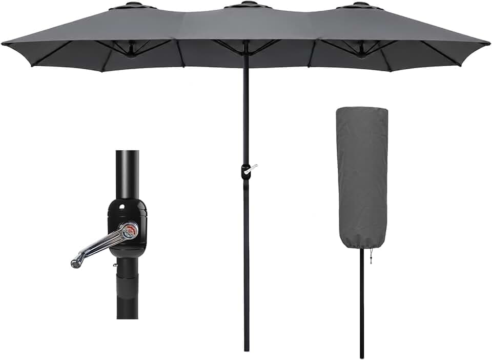 VOUNOT Doppelsonnenschirm mit Handkurbel, Sonnenschirm Marktschirm Gartenschirm Terrassenschirm, Sonnenschutz, 460 x 270 cm, Grau