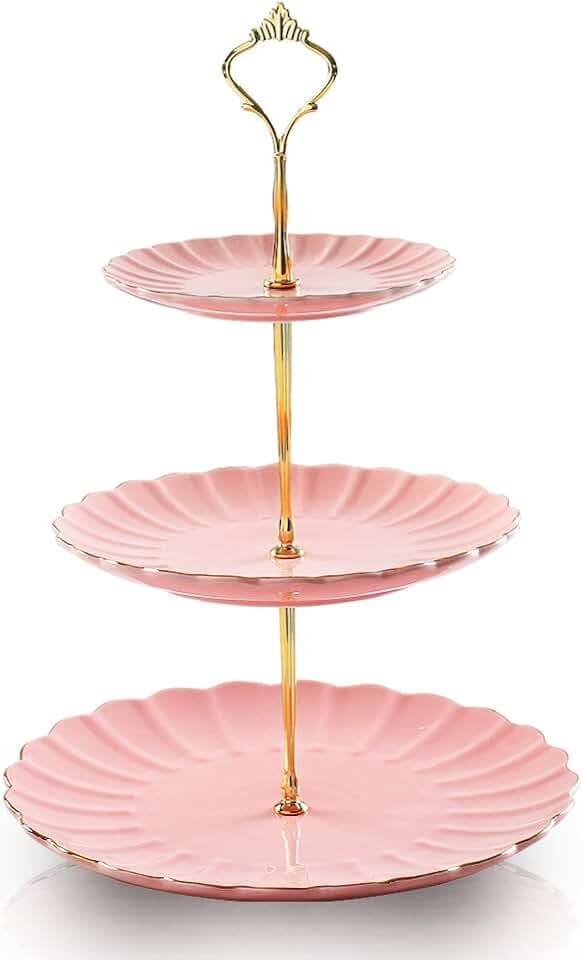 Sweejar Home 3-stöckiger Keramik-Kuchenständer, Etagere für Hochzeit, Dessert, Cupcake-Ständer für Teepartys, Essens-Servierer (Rosa)