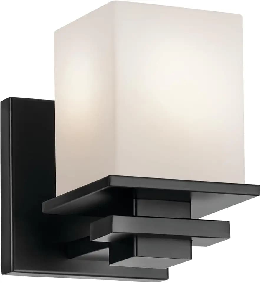 Kichler Tully 6.5" 1-Light Wall Sconce with Satin Etched Cased Opal Glass in Black for Vanity, Living Room, Dining Room, Bedroom, Laundry Room, Mudroom, Hallway, Stairwell (6.5 x 5 x 7"), 45149BK