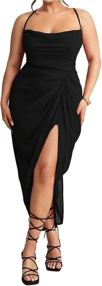 Floerns Women's Plus Size Cowl Neck Long Dress Sleeveless Ruched High Split Cocktail Dresses