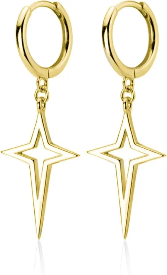 Sterling Silver Hinged Hoop 4 Point Star Cross Drop Hoop Earrings 2 Tones Rhodium 18K Gold