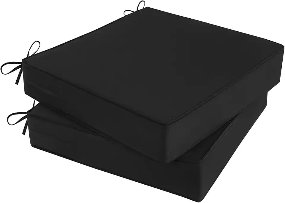 Outdoor Chair Cushions 19x19x4 Inch, Waterproof Black Patio Furniture Cushions Set of 2 with Ties & Handle, 3 Year Color Fastness Square Replacement Seat Cushions for Sofa, Couch