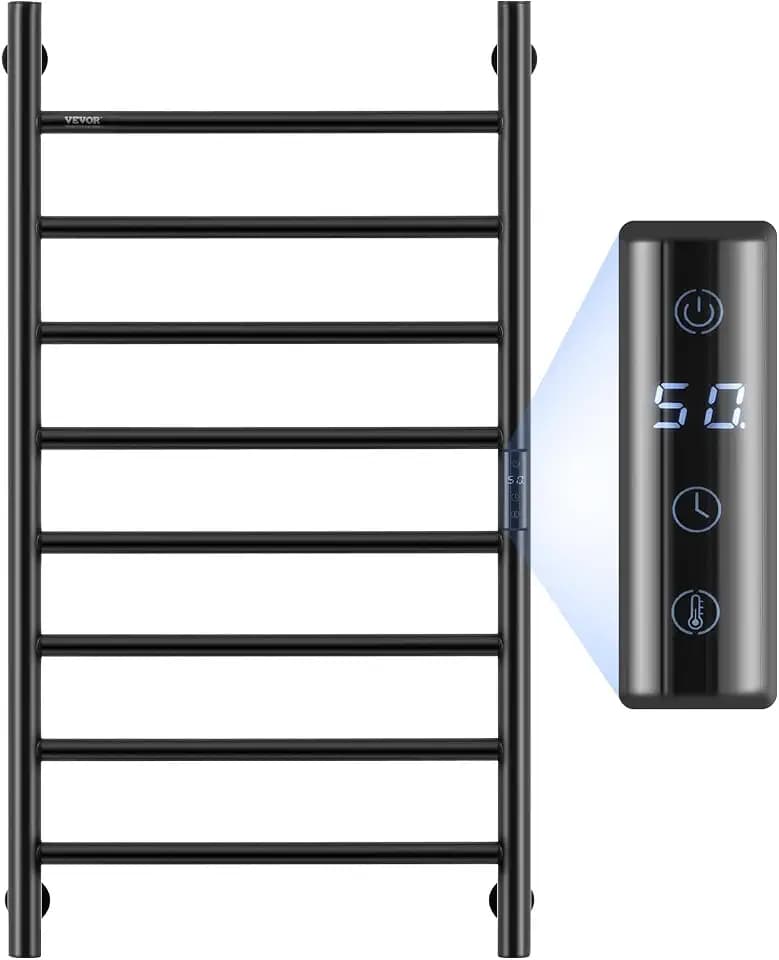 VEVOR Handtuchtrockner Heizkörper Handtuchwärmer, beheizter Handtuchhalter mit 8 Stangen, wasserdichter Handtuchwärmer mit Timer und LED-Anzeige, 5 einstellbare Temperaturstufen, Wandmontage, Schwarz