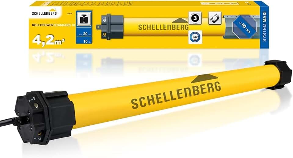 Schellenberg Rohrmotor Standard Maxi, 10 Nm, mechanische Endlageneinstellung, für 60‑mm Achtkantwellen, bis 4,2 m² Kunststoff‑Rollläden, wartungsfrei, inkl. Adapter‑Set & Wandlager, 20611
