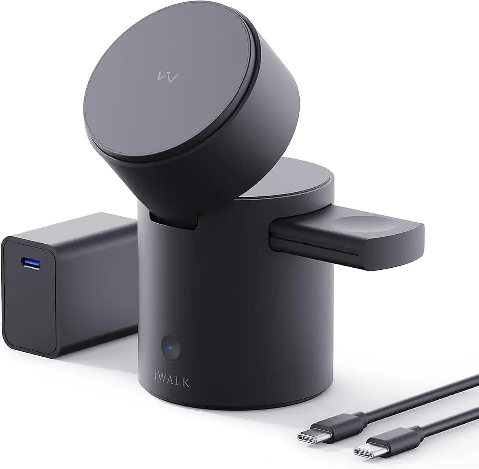 iWALK 3 In 1 Wireless Ladeständer Mit Automatischer Rotation, Ladestation Mit Magnet Für Apple Geräte, 15W Klappbare Wireless Ladestation Für iPhone 18 17 16 15 14 13 12 & Apple Watch & Airpods