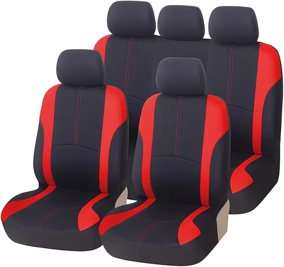 AICEL 9PCS Car Seat Covers Full Set Mesh Fabric Auto Seat Protectors Red