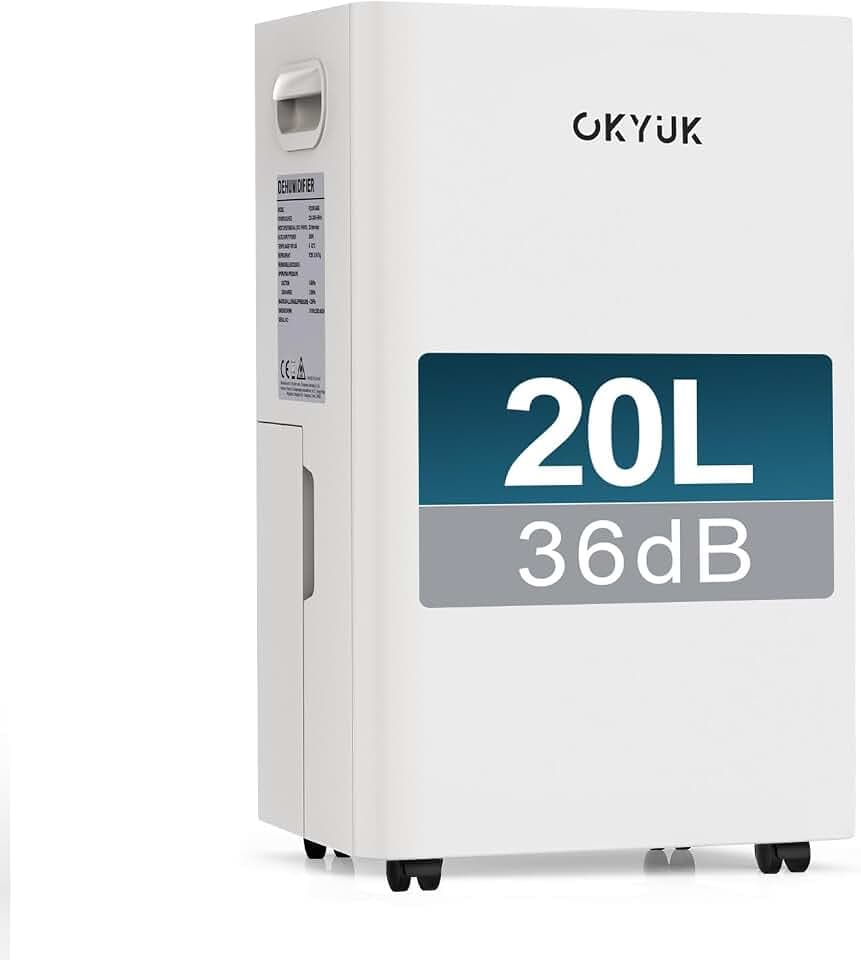 OKYUK Luftentfeuchter Elektrisch 20L mit Digitaler Luftfeuchtigkeitsanzeige, 36dB Leiser 40m², mit automatischer Abschaltung, für Wohnmobil, Badezimmer, Keller,1 J. Umtausch/10 J. Garantie (20L Weiß)