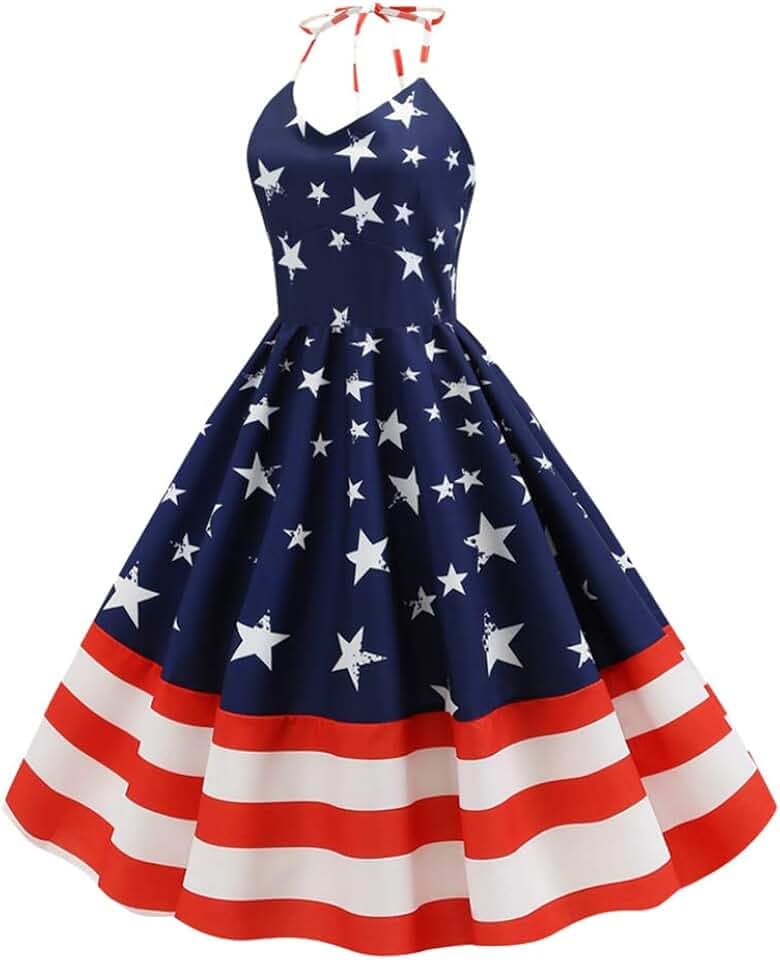 VALICLUD Damen Halter Amerikanische Flagge Kleid Stars Stripes Patriotisches Kleid für Frauen