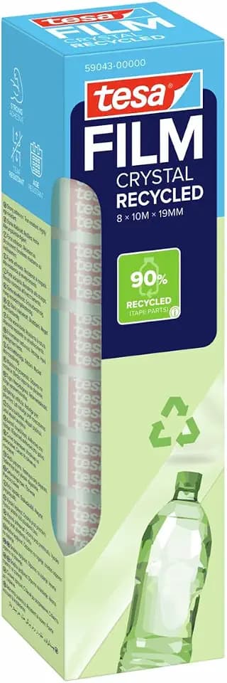tesa tesafilm Crystal Recycled Klebeband - 8 Rollen -10 m x 19 mm | Hochtransparenter, reißfester Klebefilm - Folienträger 90% recycelter Kunststoff aus Verbraucherabfällen (PCR PET)