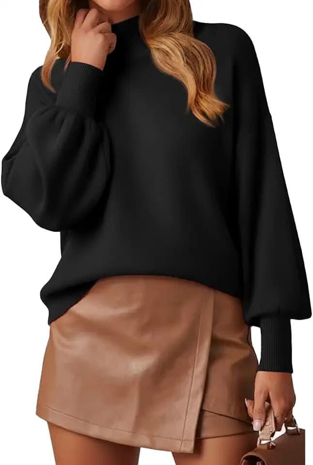 WEACZZY Women's Sweater Mock Neck Long Lantern Sleeve Lightweight Knit Tops