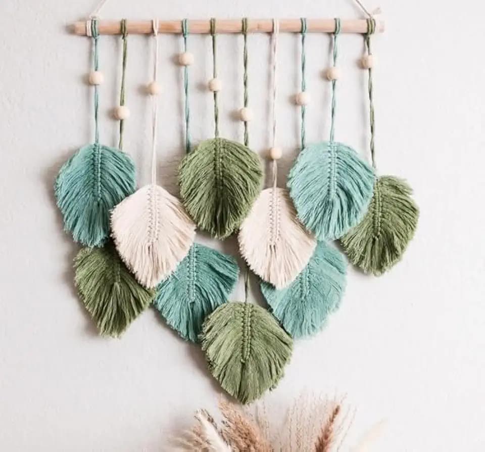 SnugLife Macrame Wall Hanging Leaves - Large Chic Feather Boho Decor, Handmade Yarn Woven Art Leaf Tapestry for Nursery, Bedroom, Living Room, 17 X 22 Inch (Green, Sage Green & Beige)