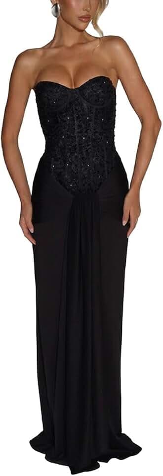 Womens Strapless Tie Waist Bodycon Long Formal Dress