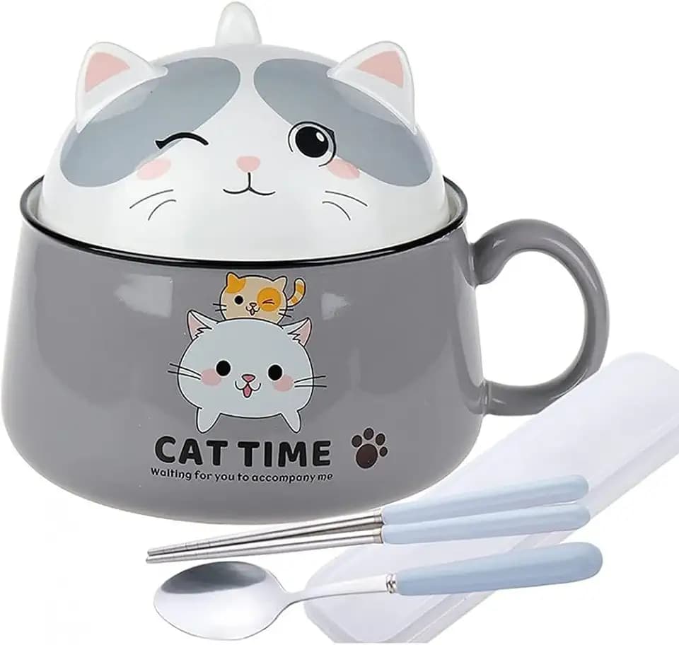 lachineuse – Japanische Ramen-Schale mit Deckel – Kawaii-Katze 1020 ml