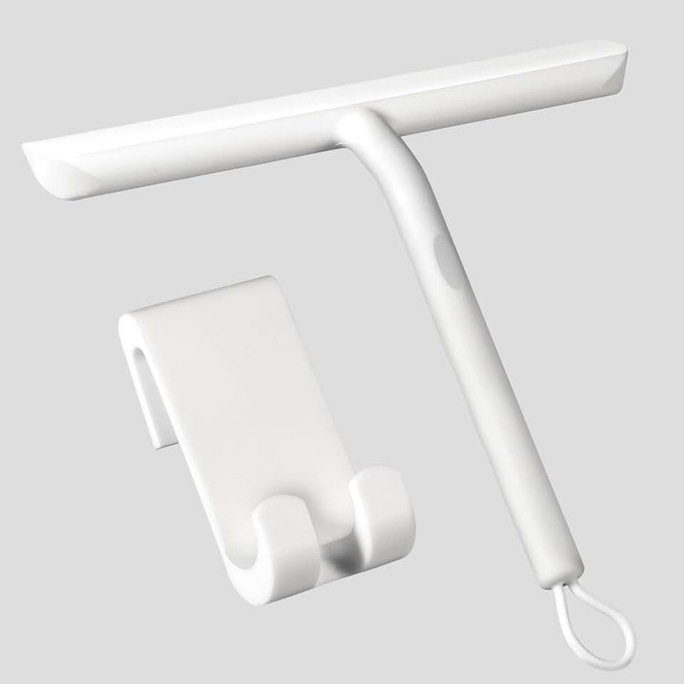 Vinabo Duschabzieher Set mit Haken, Silikon Abzieher Dusche Bad Badezimmer Fenster Edelstahl Fensterabzieher Scheibenabzieher breit Saugnapf Halterung Badabzieher,ohne Bohren(21cm,Weiß)