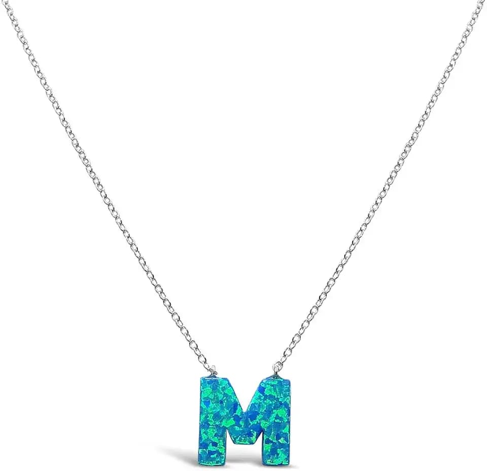 LaTisoro 925 Solid Sterling Silver Blue Opal Tiny Letter Initial "M" Pendant/Charm & 18 inch Cable Chain